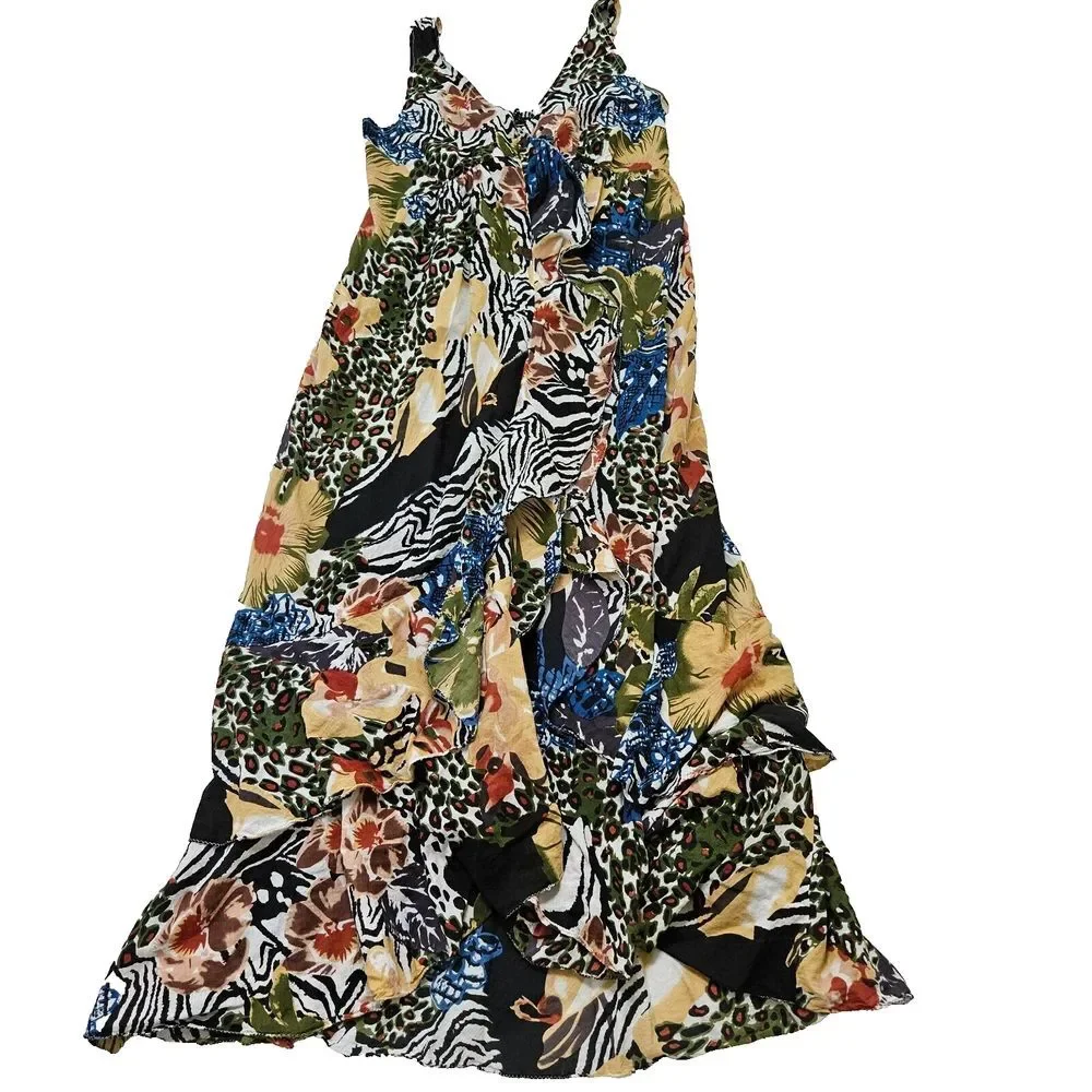 Grace Elements Safari‎ Jungle Ruffle Hippie Lagenlook Eclectic Maxi Dress Sz L